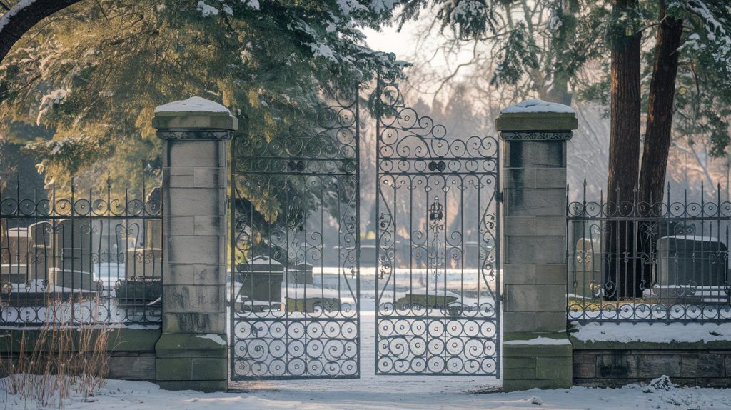 The wrought iron gates to a Chicago cemetery are visible on a morning that just received less than an inch of snow.  A depiction of winter funeral service concerns in Chicago.