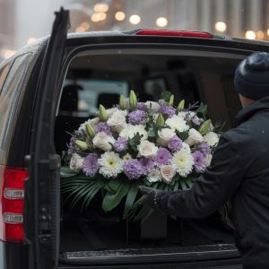 A Chicago florist delivery driver places a beautiful mix of purple and white sympathy flowers in the back of a black SUV on Ohio Street in downtown Chicago.