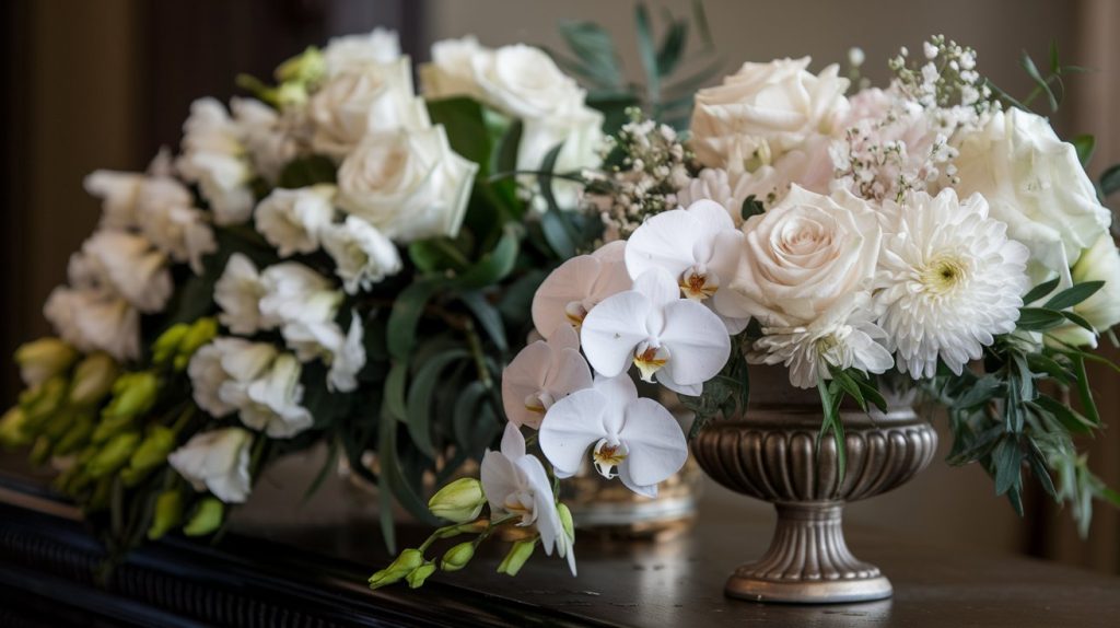 Professional close-up photograph of fresh funeral flower arrangement, crystal clear detail, white roses, orchids and chrysanthemums with delicate greenery, soft natural lighting