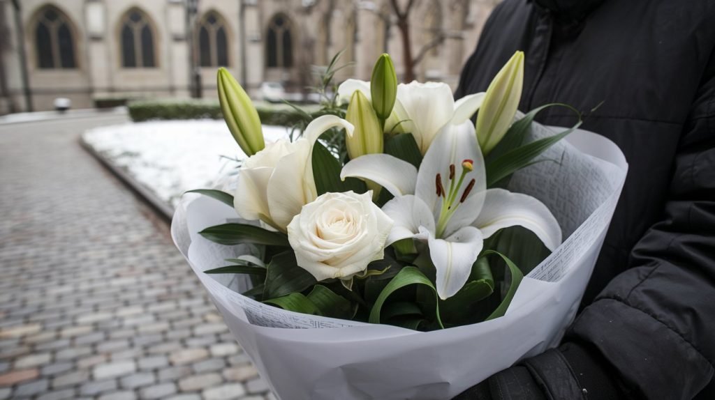 Sympathy flowers wrapped in white protective paper are being delivered to a funeral service in downtown Chicago